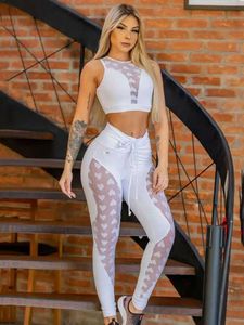 Women's Tracksuits Gymdolphins Women Sexy S-through Suit Mesh Spliced Sports Two-piece Sets Slveless Tank Top and High Waisted Leggings Y240426