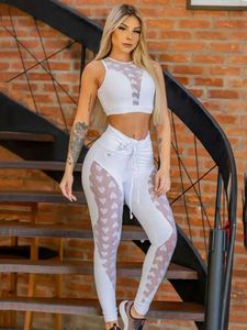 Frauen Tracksuits Gymdolphins Frauen sexy S-Through-Anzug Mesh Spleiß Sport zweiteiliger Sets Slveless Tanktop und hohe taillierte Leggings Y240426