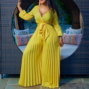 Pleated Jumpsuits Rompers for Woman Full Sleeve V Neck Sashes Floor Length Elegant Female Birthday Party Dinner Outfits 240424