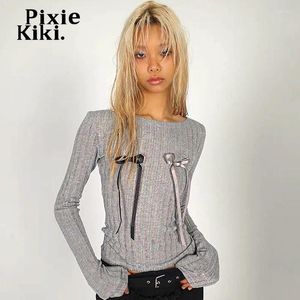 القمصان النسائية Pixiekiki أقواس طويلة الأكمام تتصدر جماليات Y2K ملابس 2000s Glitter Gray Spring 2024 Women Streetwear P85-BD21