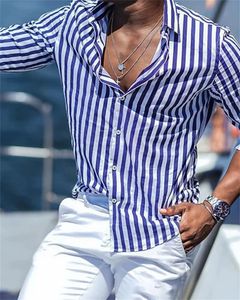 Mens Longeeved Blue Striped Printed Shirt Mens Social Luxury Mens Clothing Hawaiian Elegant Classic Fashion 6xl 240428