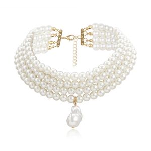 Klassisk skiktad sträng runda pärlor pärlor krage choker halsband för kvinnor oregelbunden barock pärlhänge bröllop halsband gåva 240428