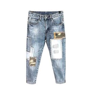 Men's Jeans Cropped Male Cowboy Pants Splicing Trousers Jeans for Men Graphic Casual Y 2k Vintage Shipping Trend 2023 Korean Autumn Y2k J240429