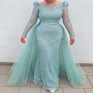 Mint Ebi Arabic 2024 Aso Mermaid The Bride Dresses Sequined Lace Evening Prom Formal Party Birthday Celebrity Mother of Groom Gowns Dress ZJ046