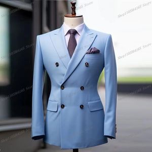 Męskie garnitury niebo błękitne blezer biznes formalny płaszcz biurowy Casual Work PROM Single Jacket Wedding Party Fashion Suit B04