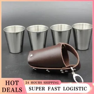 Tumblers 4 PCs/conjunto polido 70 ml/30ml mini xícara de aço inoxidável bebendo copos de vinho com bolsa de capa de couro para camping viagens