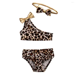 Giyim Setleri Yaz 2024 3pcs Çocuk Bebek Bebek Leopard Bow Bikini Set Mayo Mayo Mayo Takım