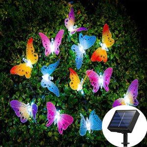 Dekorationer 12 LED SOLAR Butterfly Lamp String Optical Fiber Optic Fairy Light Waterproof Christmas Outdoor Garden Holiday Decoration