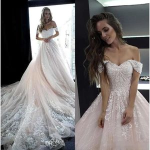 Pizzo tulle blush 2021 abiti applique eleganti eleganti fuori dalla spalla Cappella ricamo da sposa abito da sposa personalizzato Vestido de nolia