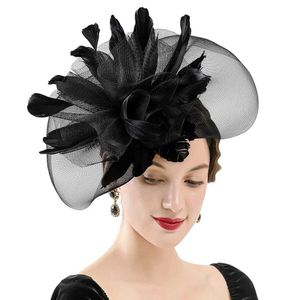 Szerokie brzeg kapelusze wiadra fascynatory fascynatorów dla kobiet herbaty opaska na głowę Kentucky Derby Wedding Cocktail Flower Feathers Bridal Hair Akcesoria Y240426