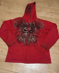 Herrtröjor tröjor gotiska skalle mönster tryckt röd hoodie för män 2024 hip-hop casual personlighet vintage zip up hoodies streetwear harajuku baggy d240429