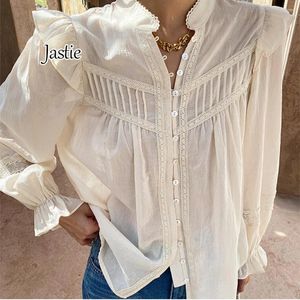Women's Blouses Jastie 2024 Spring Summer Shirt Patchwork Lace Long-sleeve French Shirts Blouse Cotton White Casual Boho Tops