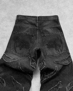 Mäns jeans hiphop punk rå kant broderi y2k retro svart baggy för män vintage mönster lapptäcke hög midja denim byxor h240429