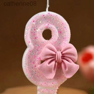 8W6M ljus 3D -nummer Cake Decorating Candles Glitter Pink Bow Digital Candles Cake Topper Birthday Party Memorial Day Fest Cake Decoration D240429