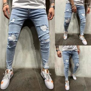 Herr jeans smal rippade nödställda byxor för män hip hop knä hål hög gata manlig stretch denim byxor ljusblå