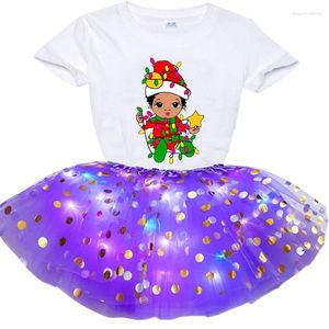 Kleidung Sets Girls Kleider Party Lässig Schwarz African Curly Hair Girl Kurzärmel bedrucktes T-Shirt Luminous Rock Weihnachten Geschenk