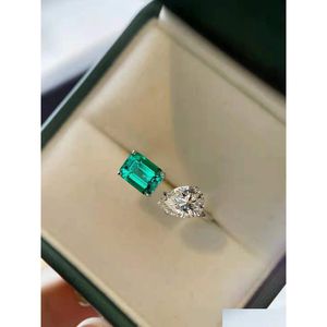 Обручальные кольца INS Simple Fashion Jewelry 925 Стерлинги Sier Water Drop Emerald Cz Diamond Gemstones Eternity Women Open Adjusab Dhlov