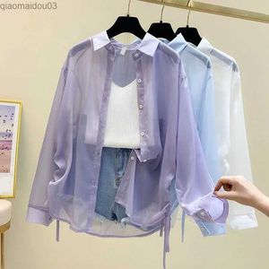 女性用ブラウスシャツレディース日焼け止め薄い夏の透明なファッションレトロ甘いクールなストリート服ホリデーフルマッチビーチYouthl24029