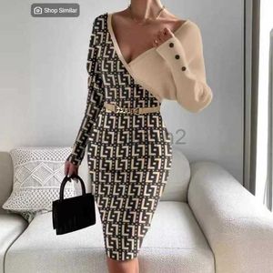 Basic Casual Dresses Designer Dress Autumn/Winter New V-neck Splicing Fashion Slim Fit, Sexy Wrapped Hip Knit Dress