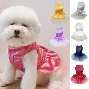 Dog Apparel Pet Dress Shiny Rhinestone Stand Collar Shirring Princess See-through Mesh Bow-knot Decor Wedding For Dogs Skirts 2024