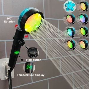 Set 360 Rotation Led Digital Temperature Display Shower Head Turbo Fan Propeller Showerhead One Key Stop Bathroom Accessories