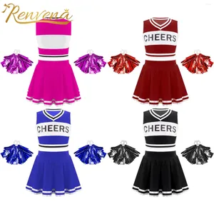 Kläder set barn barn flickor cheer dans outfit cheerleader dräkter för dans tävling danskläder skörd topp kjol blommor boll set