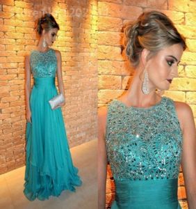 Turquoise Green Crystal Long Evening Dresses Arabic Dubai Chiffon back Zipper Floor Length Formal Prom party Gowns vestidos de fes9024928