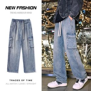 Spring Man Elastic Waist Balghy Jeans Pantaloni High Street dritti Y2K Multi-task Multifera larga moda 240426