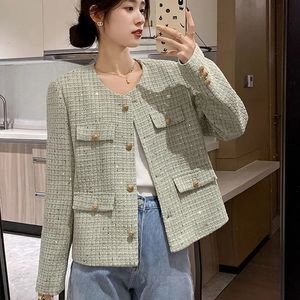 HDSPQ Chic Streikte Tweed Jacken Frauen Herbst Frau O Hals Langschlämchen Frau mit Pocket Korean Style Jacke Outwear 240423