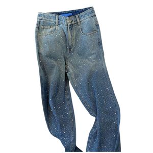 Costura feminina shinestone solta cintura alta calça de jeans de diamante smlxlxxl