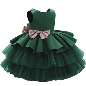 Flickans klänningar Nya babyflickor stora paljetter Bownot Brithday Party Tutu Dress Toddler Kids Winter Autumn V Back Christmas Elegant Wedding Vestidos