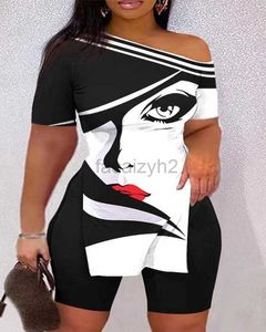 Women's Two Piece Pants Summer New Women's Fashion Casual Slant Neck Off Shoulder Print Set size plus Two Piece Sets