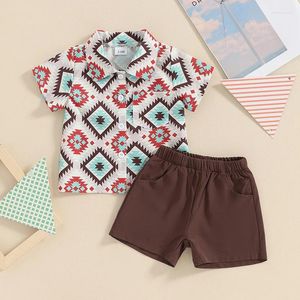 Roupas conjuntos de roupas de verão meninos roupas terno de manga curta de camisa geométrica de estampa 2pcs/sets Toddler Casual Casual Kids