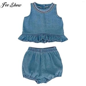 Set di abbigliamento per bambini ragazze in denim estate outfit senza maniche brantuffi con fiori separati per le vacanze in spiaggia per la festa della scuola quotidiana