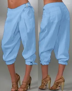 Kvinnors byxor beskurna 2024 Summer Solid Color Buckle Pocket Design Cuffed High midja Casual Loose Capris Trendy Streetwear