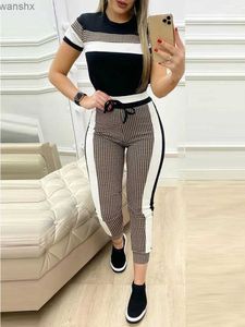 Women's Two Piece Pants Colorful lock plain short sleeved tape top and drawstring pants set casual basic womens two-piece setL240429