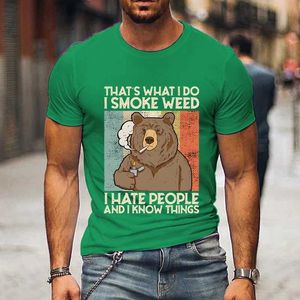 Men's T-Shirts Y2k shirt for men I hate people. I know short sleeved graphic casual hip-hop street clothing smoking bear cartoon dad T-shirtL2404