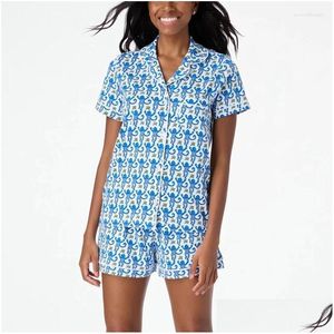 Kvinnor Sleepwear Preppy Monkey Pyjamas Set Women Y2K Clothel Collar Single Breasted Short Sleeve Shirt Top and Shorts 2000s Drop Othqx