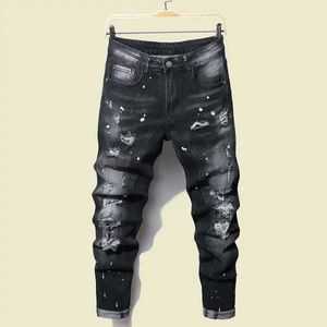 Men's Jeans Mens black tight denim spotted jeans mens tear elastic slim fit ultra-thin pants casual Q240427