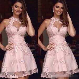 Lace Halter Homecoming Cute Applique Dresses Pink Hollow Plunging Neck Above Knee Length Tulle Sleeveless Tail Party Gown Custom Made