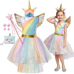 3-10 Year Girl Unicorn Dress Rainbow Ball Dress Baby Princess Birthday Dress Party Halloween Clothing 240424