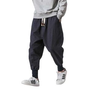Мужские брюки чисто хлопковые льняные брюки гарем для мужчин сплошной эластичной талией уличная одежда беггера 2024 Новый карманный промежность повседневная длинная Q240429