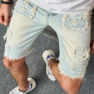 Mäns jeans sommar snygga män retro stil hål lapp denim shorts streetwear manlig avslappnad rak fempunkt byxor