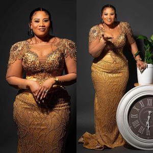 Luxurious Gold Plus Size Prom Dresses for Black Women Promdress Illusion Long Sleeves Beaded Pearls Lace Birthday Dress Second Reception Engagement Gown AM796