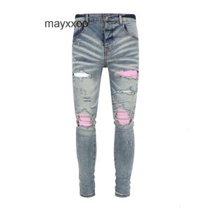 Pink Purple Pants Jean Hip Amiiris Designer Patch Jeans Denim Mens Perforated Fashion High Mens Street Hop Light Blue Skinny 1JQD