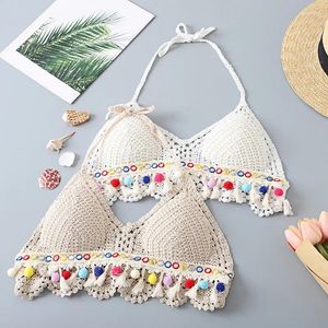 Women's Swimwear Spring Beach Vacation Backless Lace-upvCollar Outer Wear Knitted Tube Top Strap Bra Wrapped Chest Halter Bikini Swimming