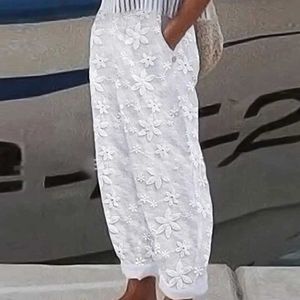 Women's Pants Capris Womens fashionable embroidered lace straight pants casual brushed elastic waist pocket pants womens retro loose pants Y240429