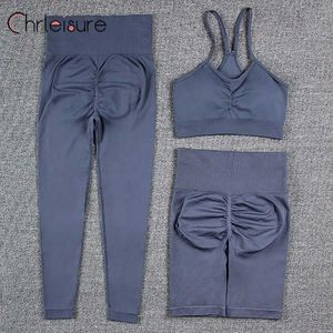 Women's Tracksuits CHRLEISURE Sets 2/3 Pcs Women Seamless Fitness Bra Suits Push Up Workout Solid New High Waist Sports Female Leggings Suit Y240426