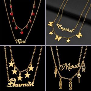 Pendant Necklaces Acheerup Custom Name Double layered Necklace Stainless Steel Redstone Chain Female Star Butterfly Pendant Jewelry Birthday GiftWX