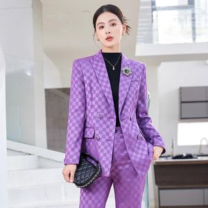 Calças de duas peças femininas, escritório formal Lady Plaid Blazer Sit